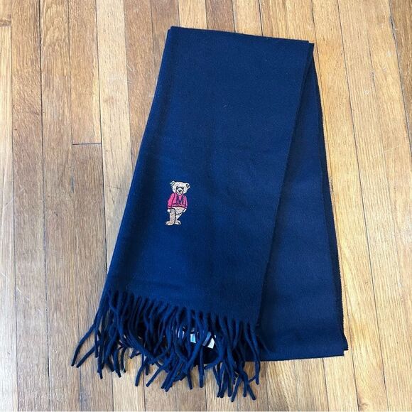 Moschino Vintage Lambswool Navy Fringe Scarf with Teddy Bear Emblem - Picture 9 of 10